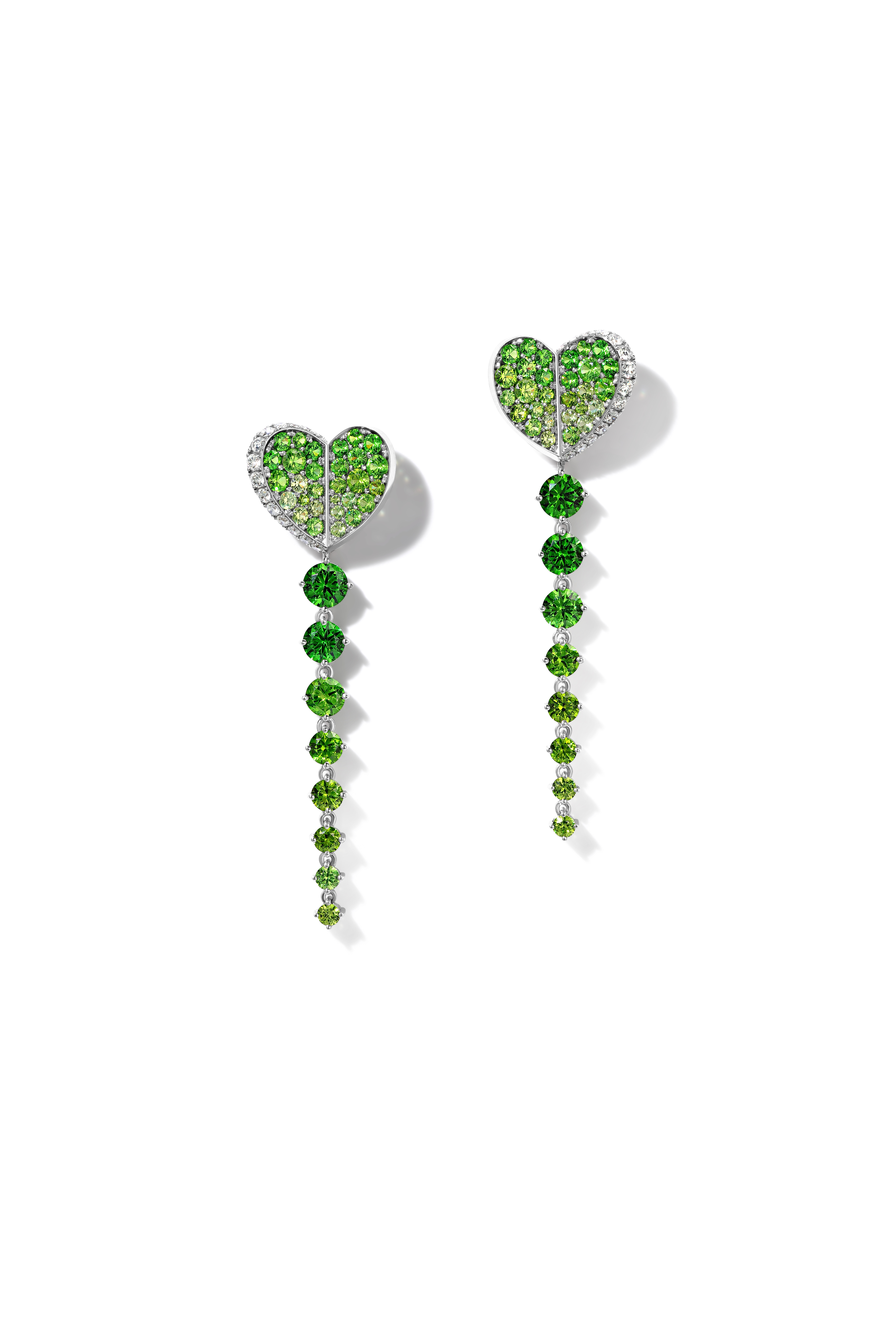 Long earrings with demantoids with a heart